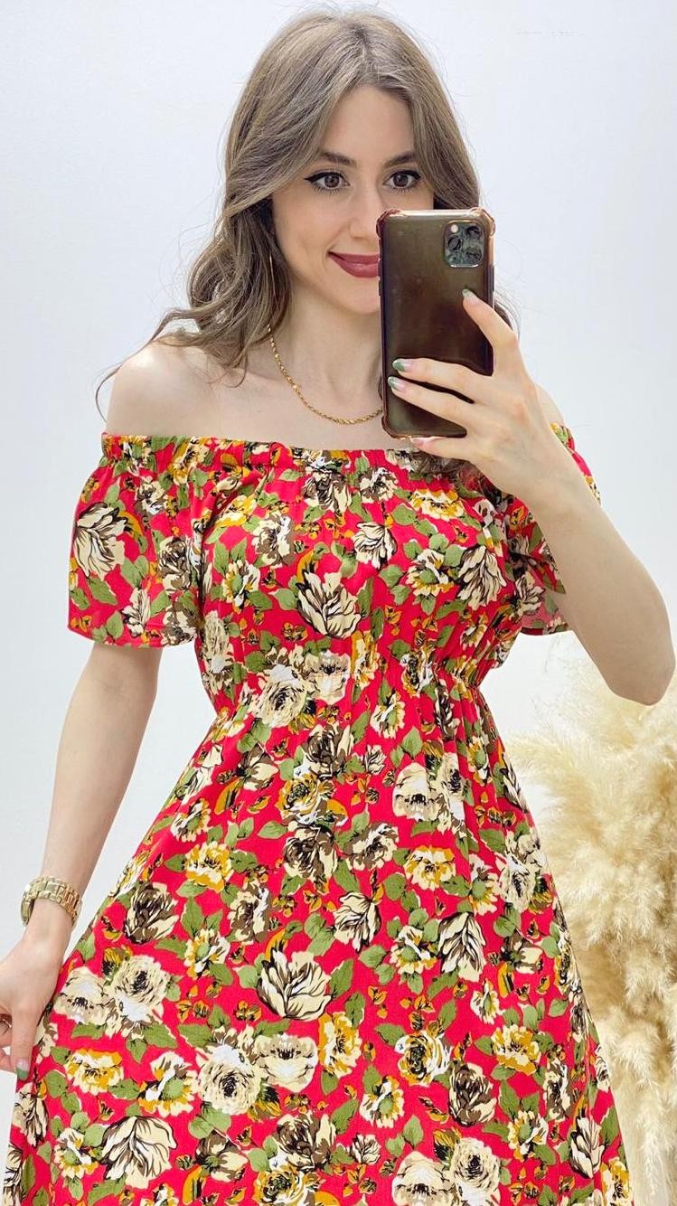 Madonna Bej Güllü Elbise Kırmızı