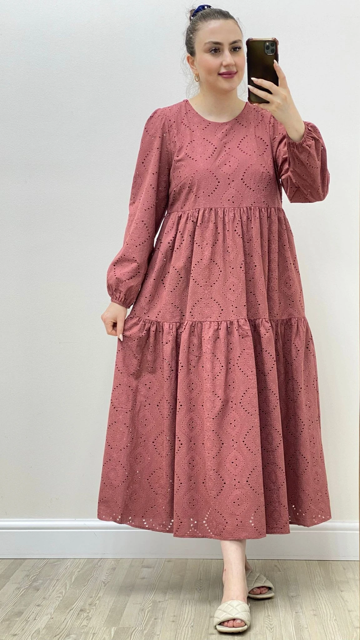 Uzun Kollu Fisto Elbise Gül Kurusu