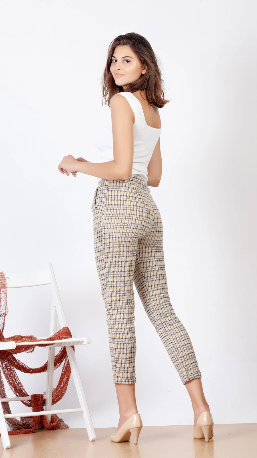 Yüksek Bel Büyük Kareli Pantolon - Sarı