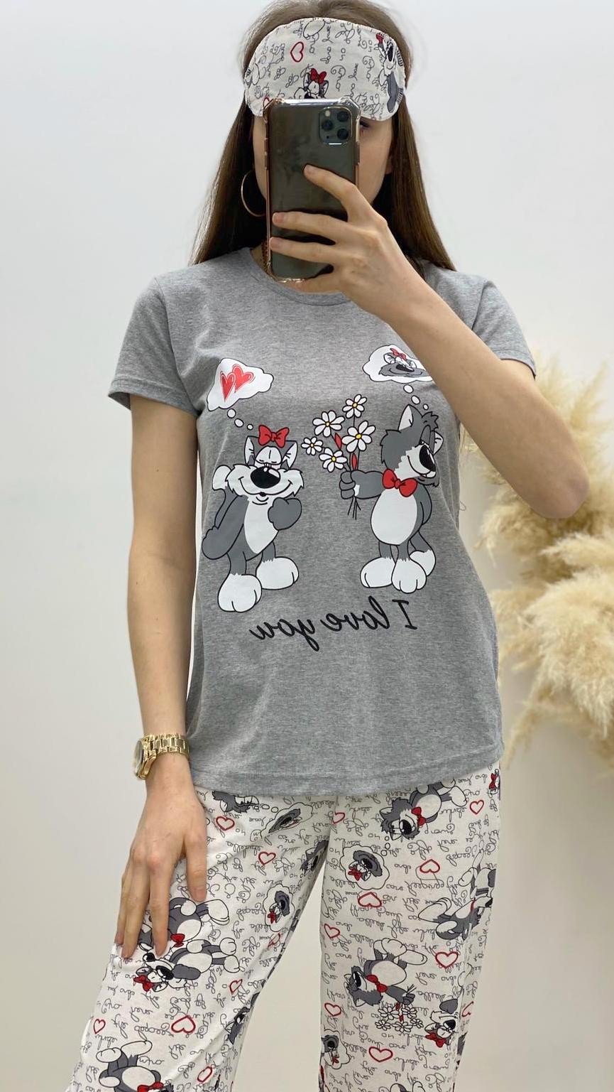 Kedili Pijama Takımı Gri