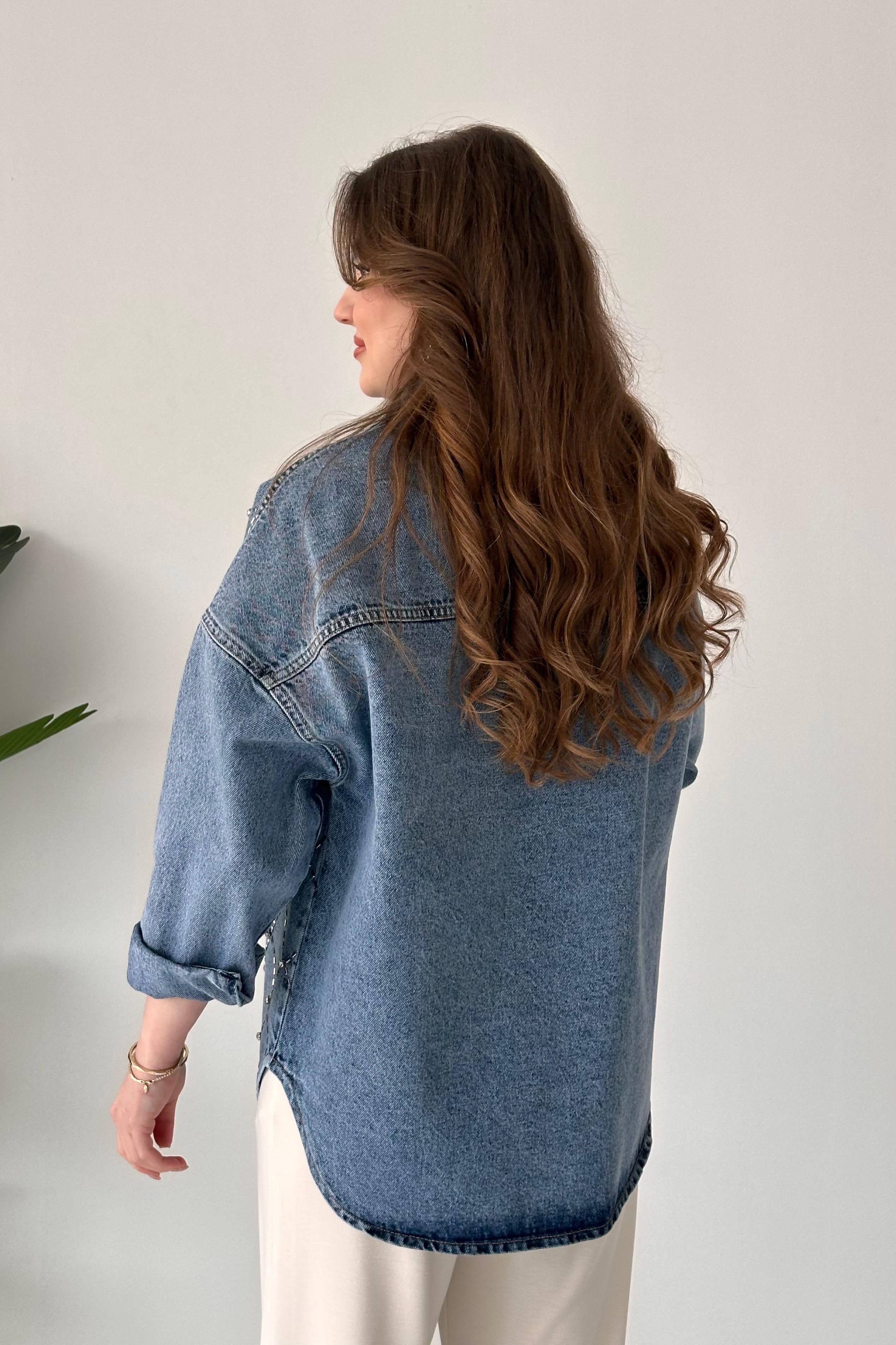 Çapraz Taşlı Denim Ceket