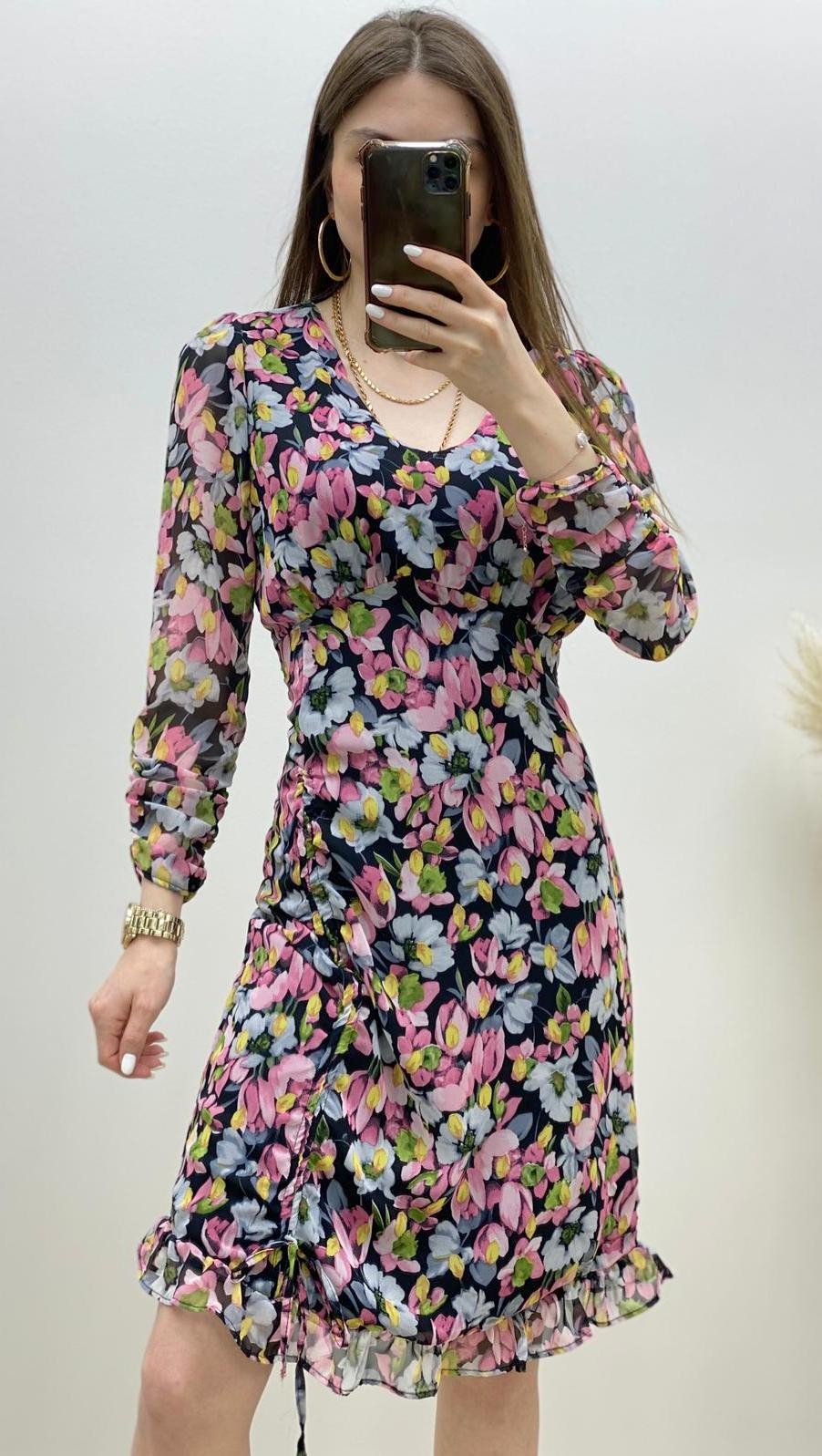 Büzgü Yırtmaçlı Lale Desen Şifon Elbise Pembe