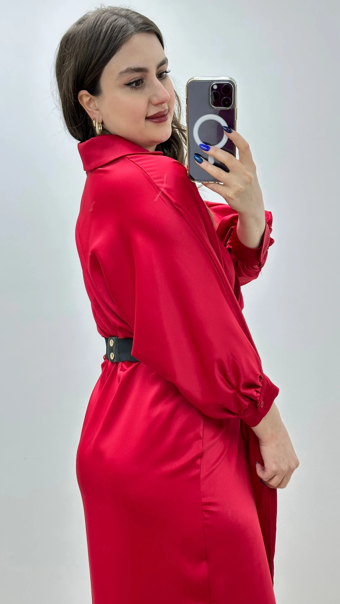 Yarasa Kol Saten Elbise Kırmızı