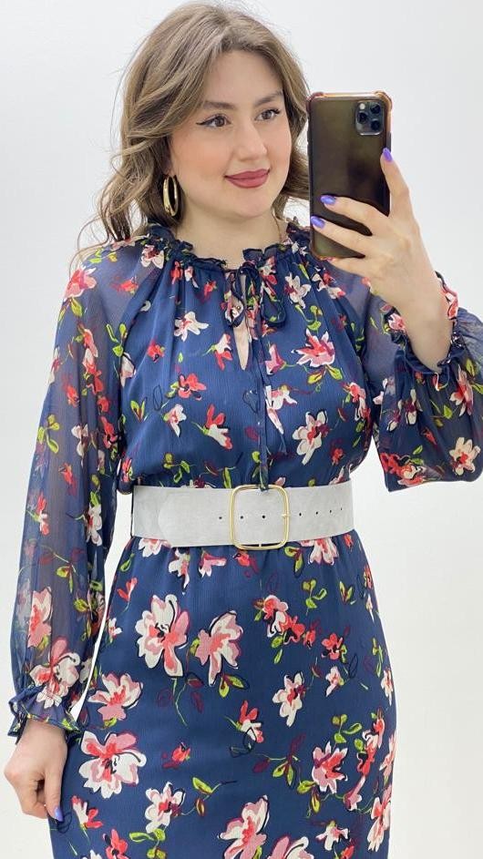Süet Kemerli Floral Şifon Elbise
