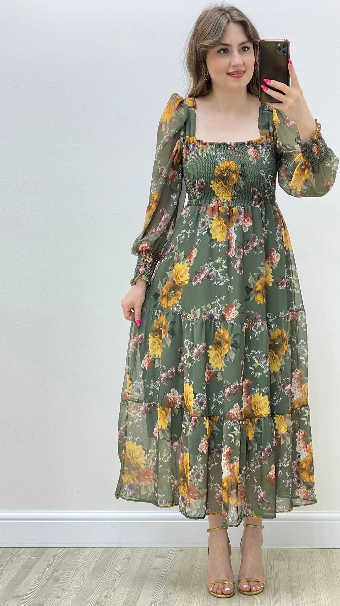 Gipeli Ortanca Şifon Elbise Haki