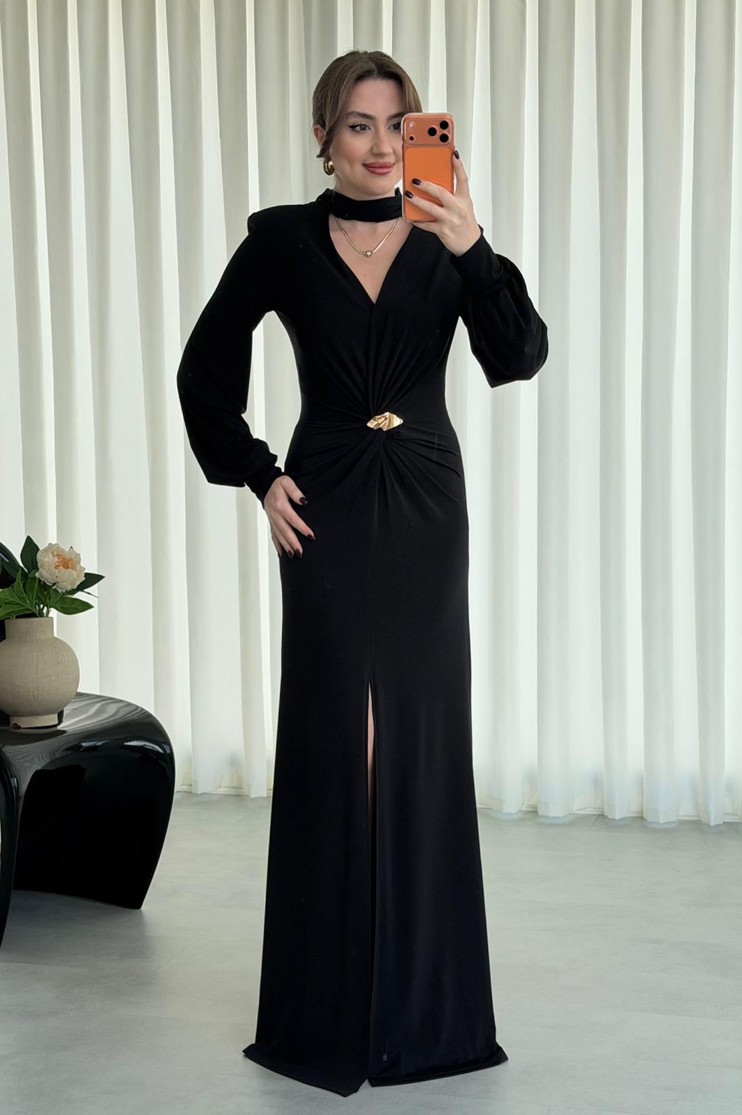 Şal Detaylı Tasarım Elbise - SİYAH