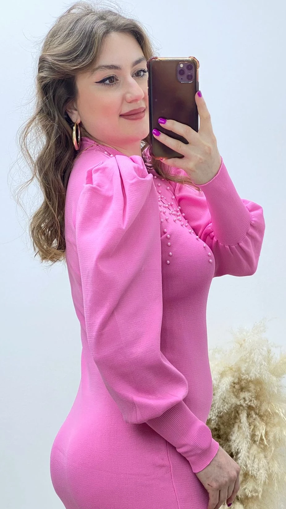 Balon Kol İncili Triko Elbise Pembe