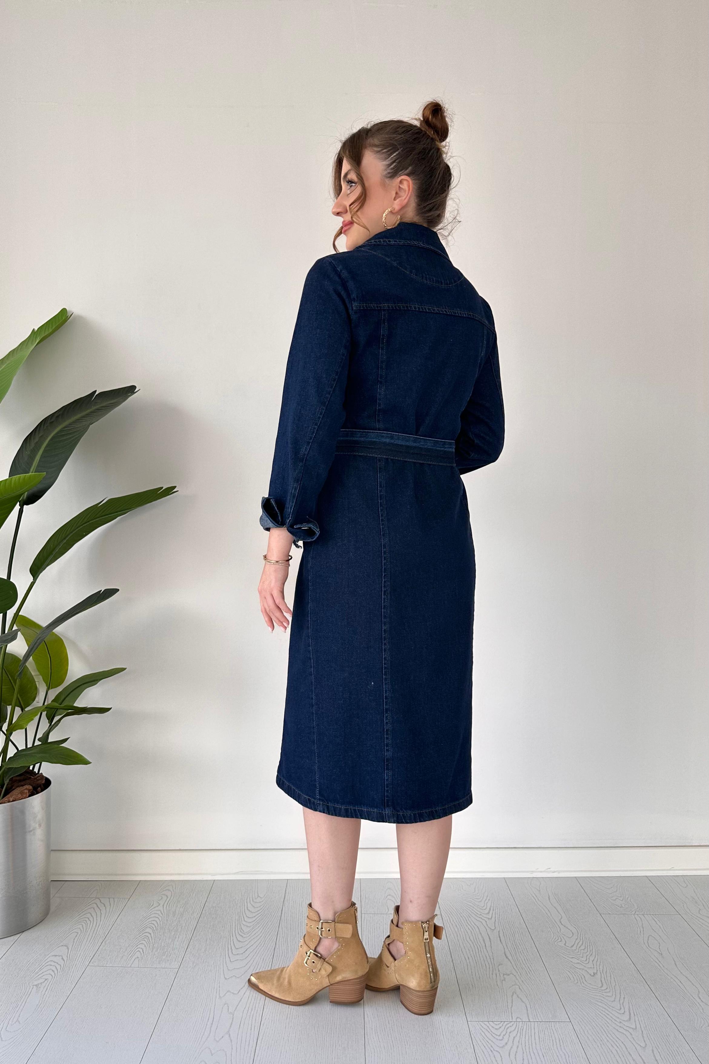 Ceket Yaka Denim Elbise