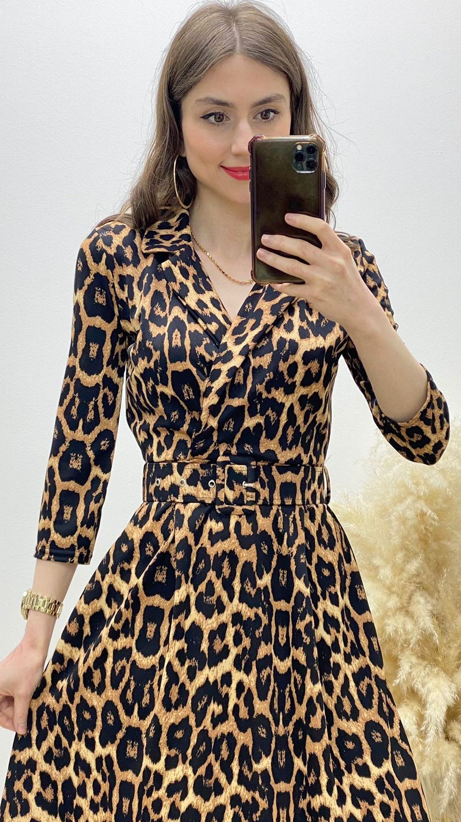 Yaka Detay Kemerli Leopar Elbise Siyah