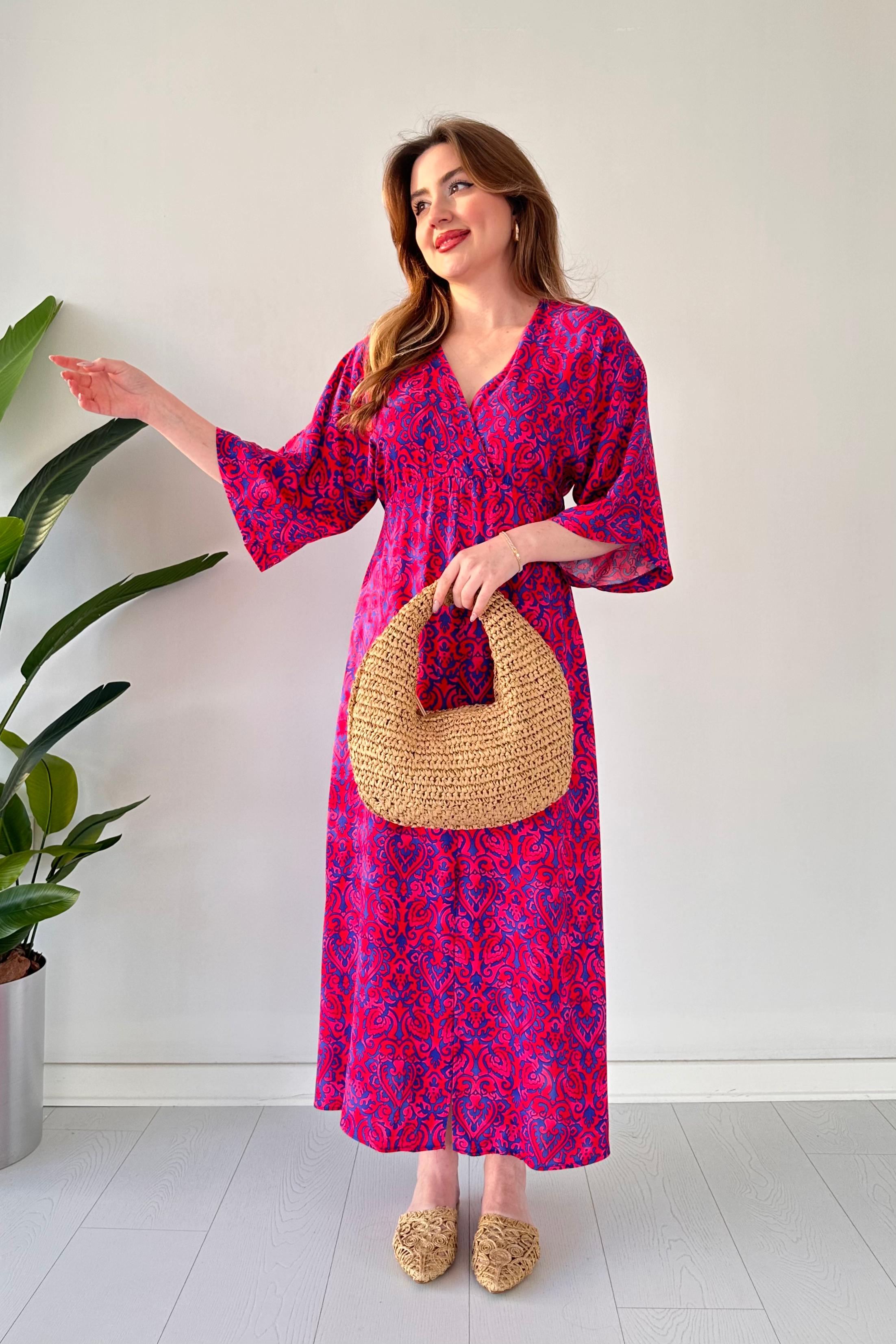 Yarasa Kol Viskon Elbise Fuşya