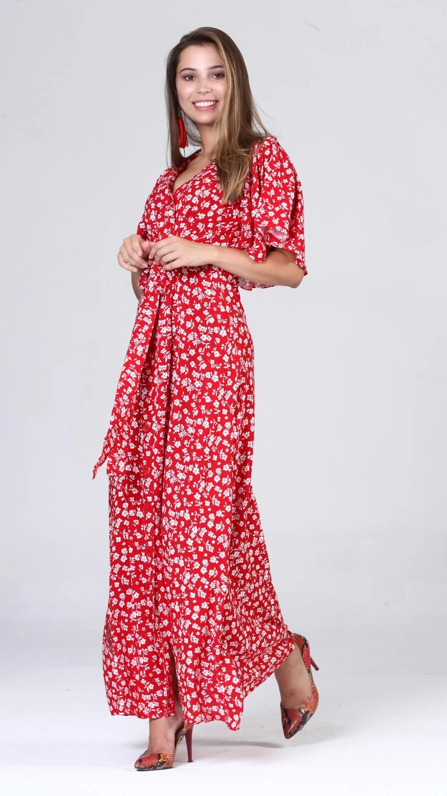 Boydan Düğmeli Yarasa Kol Elbise - Kırmızı