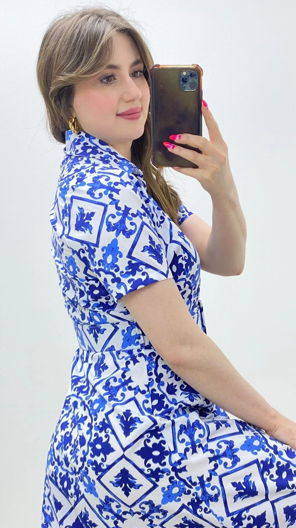 Etnik Poplin Gömlek Elbise Mavi