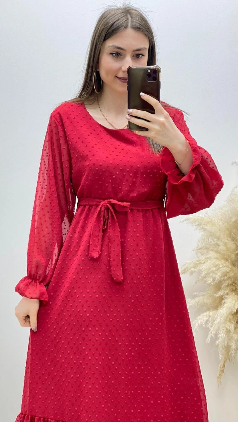 Kabarcık Desen Fırfırlı Şifon Elbise Kırmızı