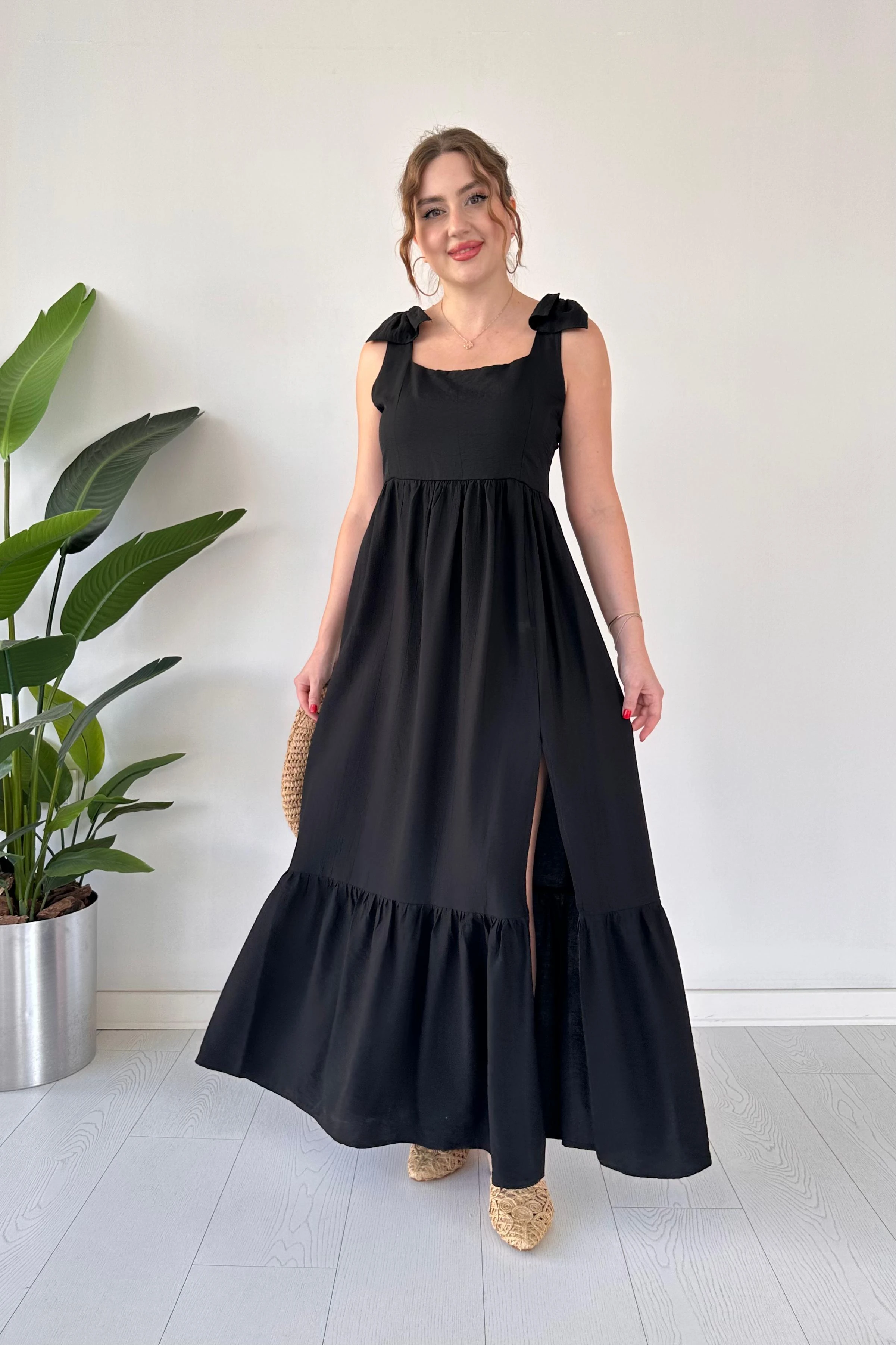 Omuz Fiyonk Keten Elbise