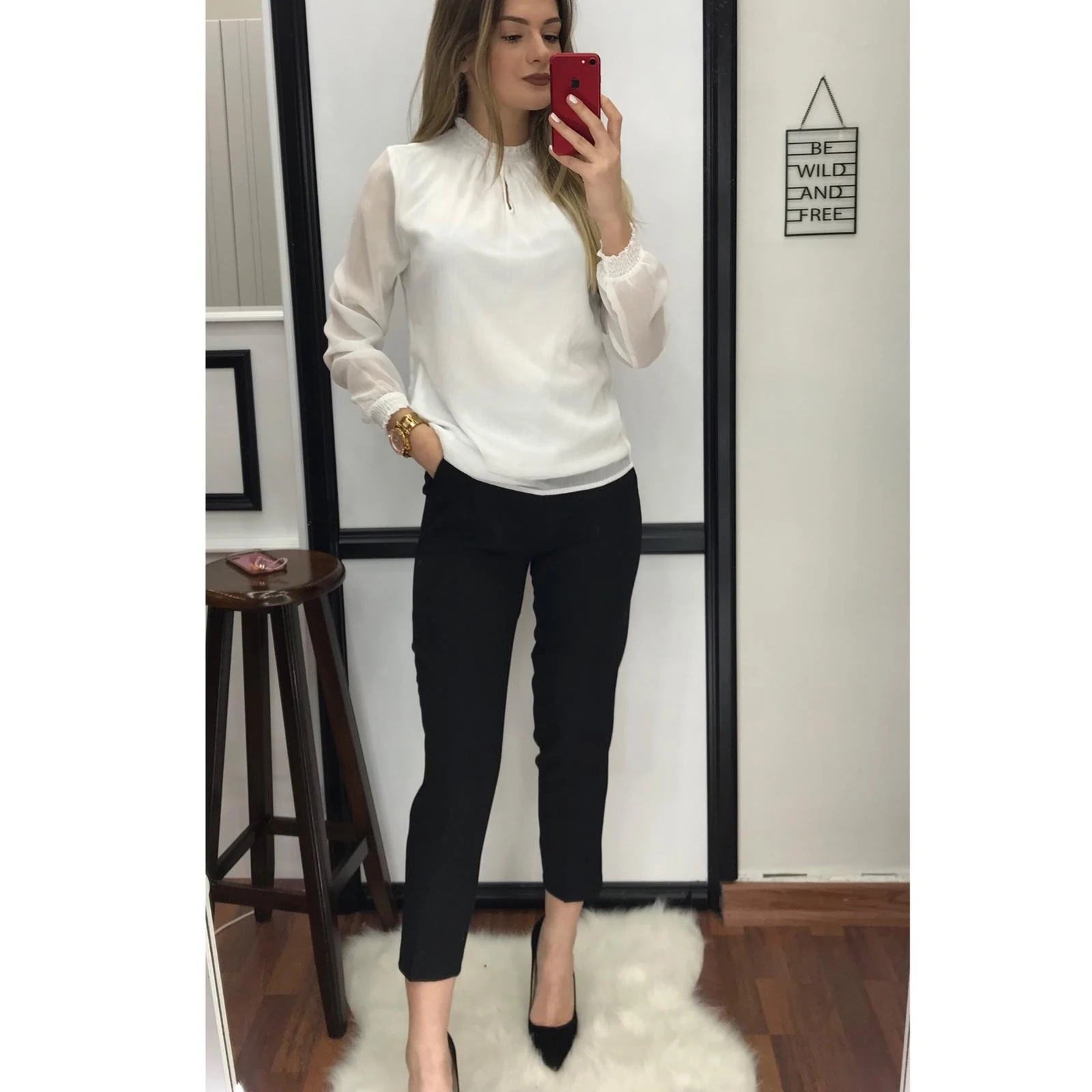 Astarlı Şifon Bluz-Beyaz