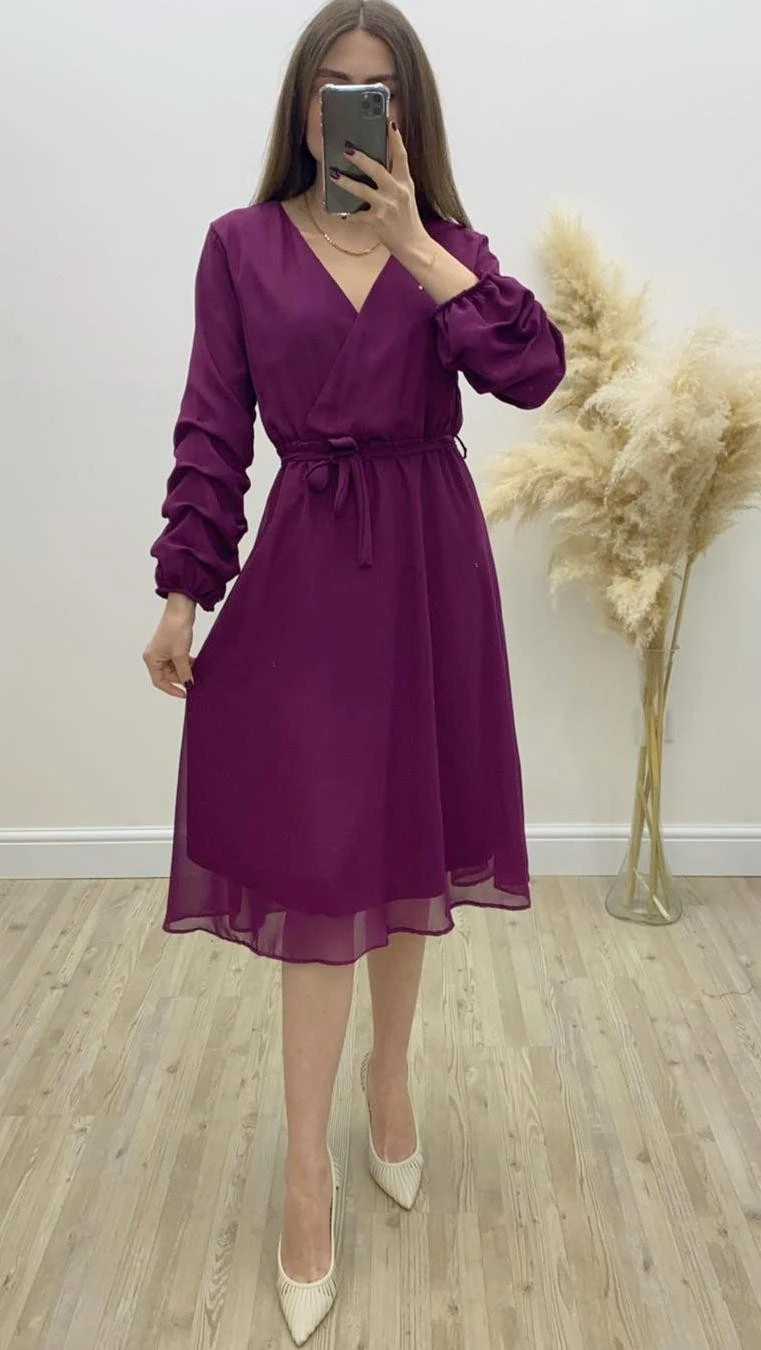 Midi Boy Şifon Elbise Mürdüm