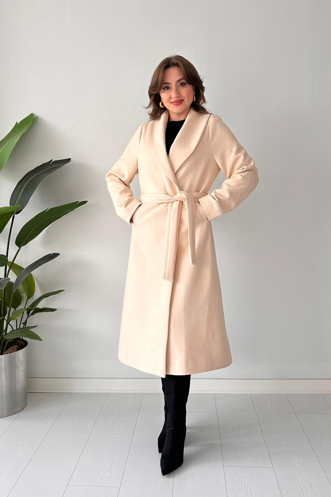 Kuşaklı Kaşe Kaban - Krem