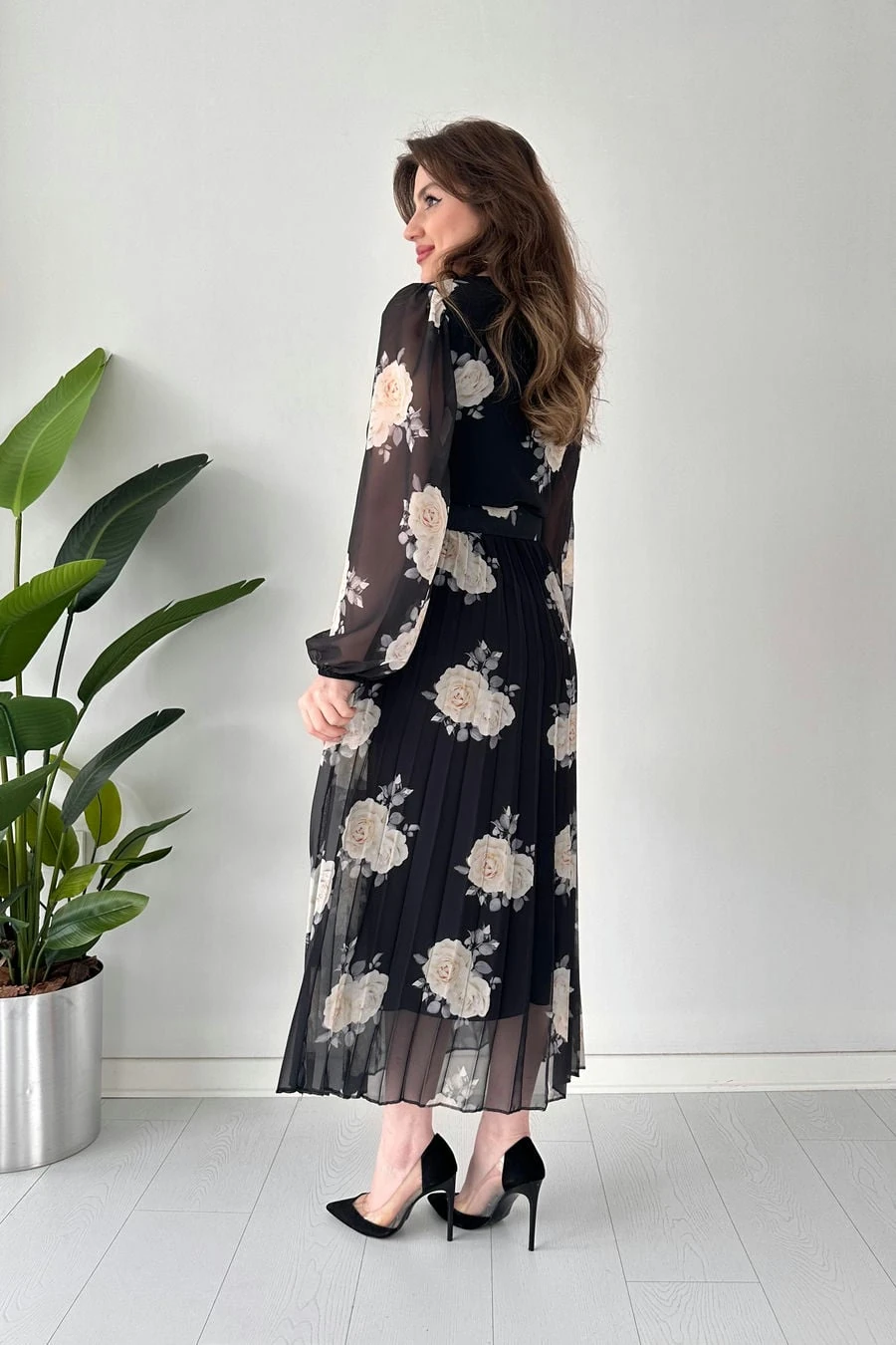 Midi Gül Şifon Elbise