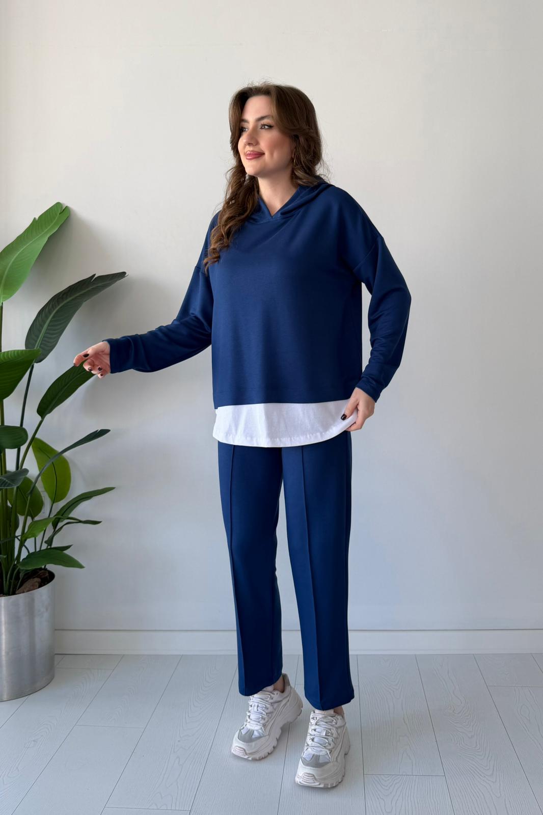 Kapşonlu Tshirt Detay İkili Takım - Lacivert