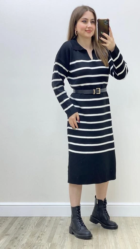 Dökümlü Çizgili Triko Elbise Siyah