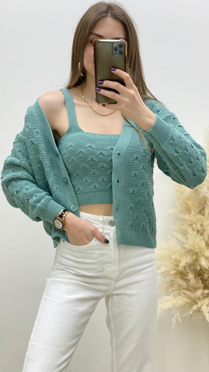 Fiyonk Motifli Triko Takım Mint