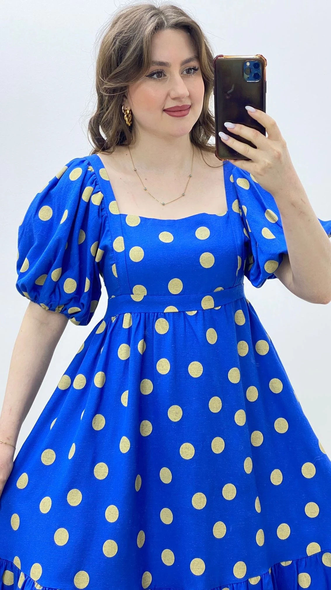 Puantiyeli Keten Elbise Mavi