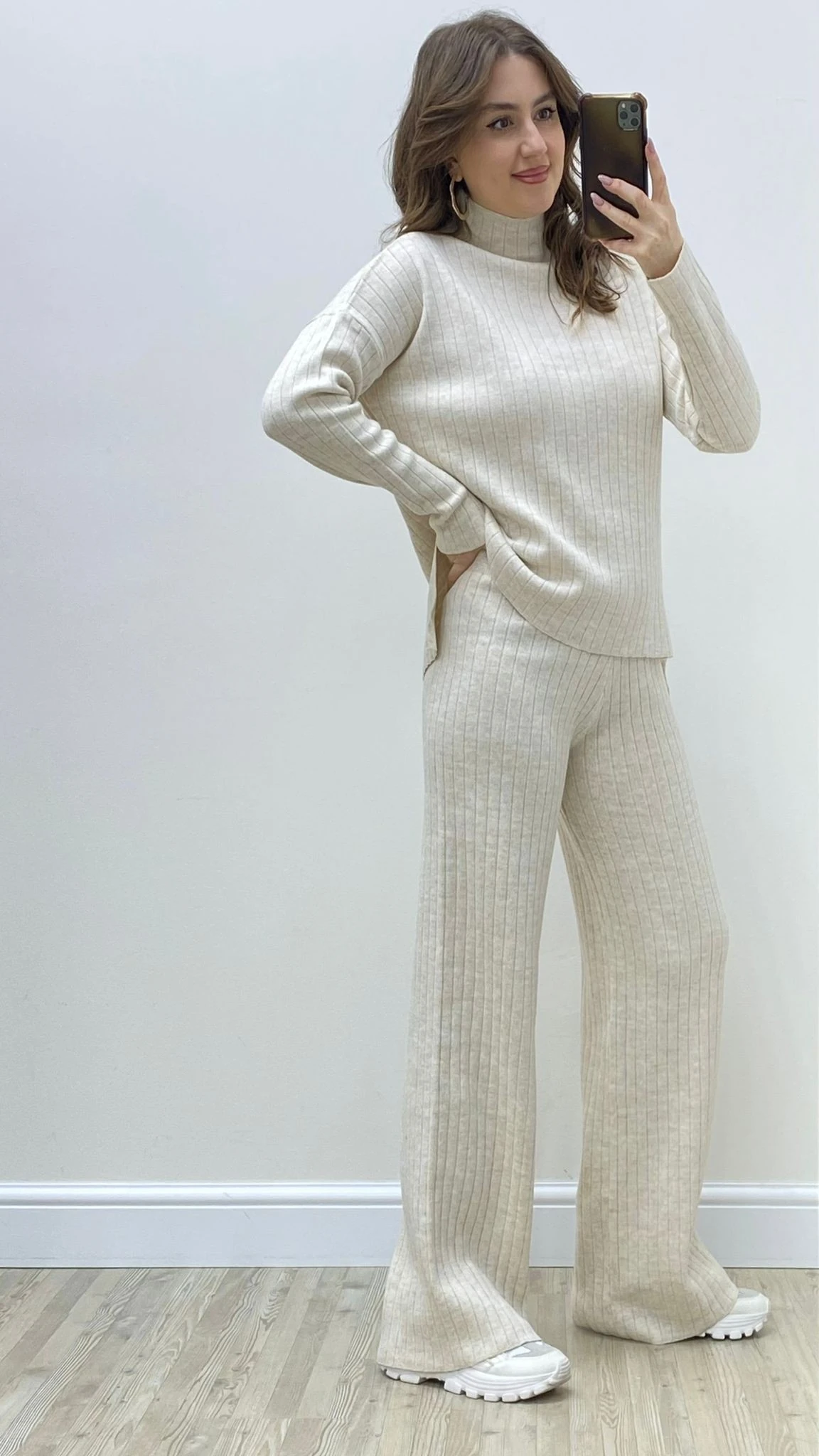 Fitilli Triko Takım Krem