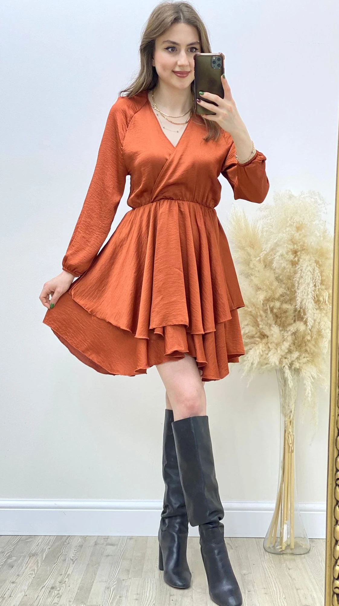 Kat Kat Saten Elbise Kiremit