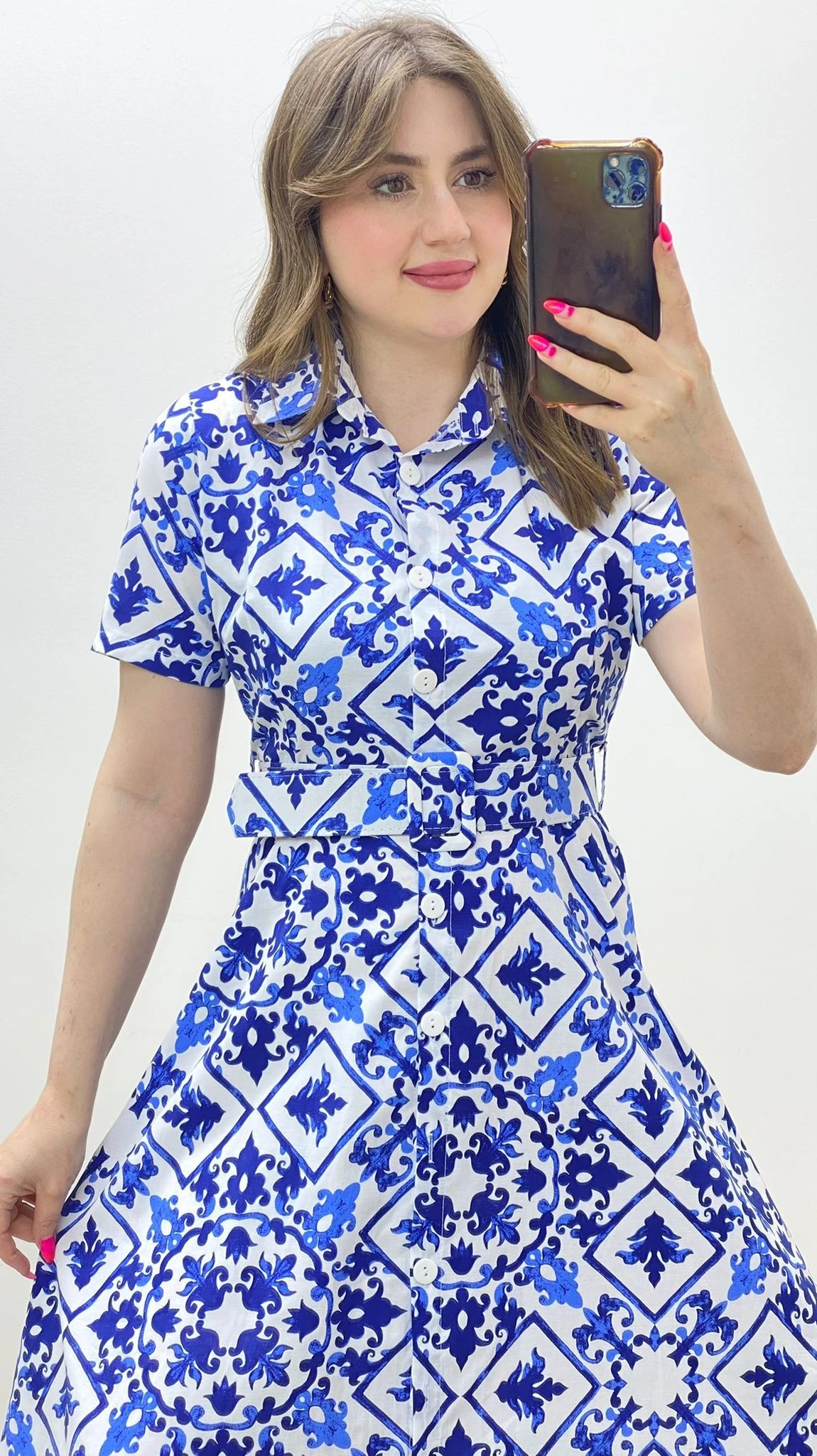 Etnik Poplin Gömlek Elbise Mavi