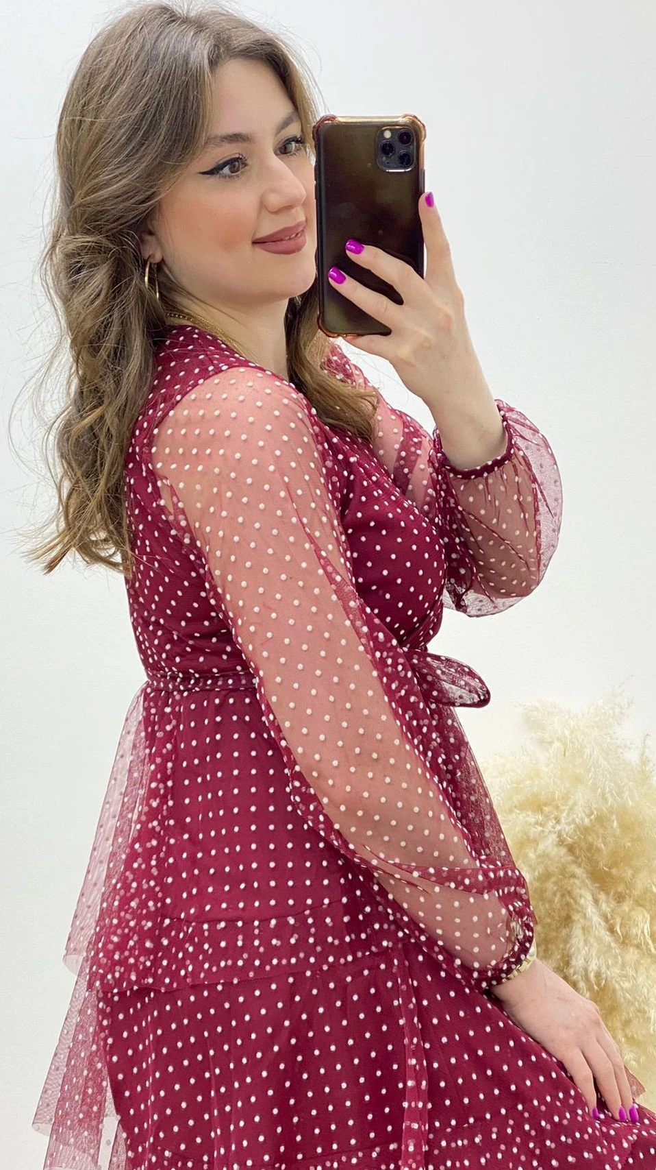 Katlı Puan Baskı Elbise Bordo