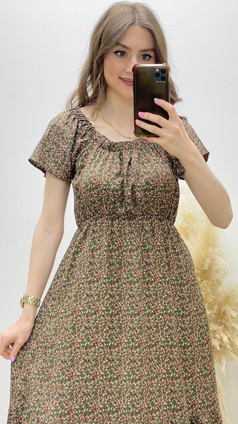 Çıtır Desen Madonna Viskon Elbise Haki