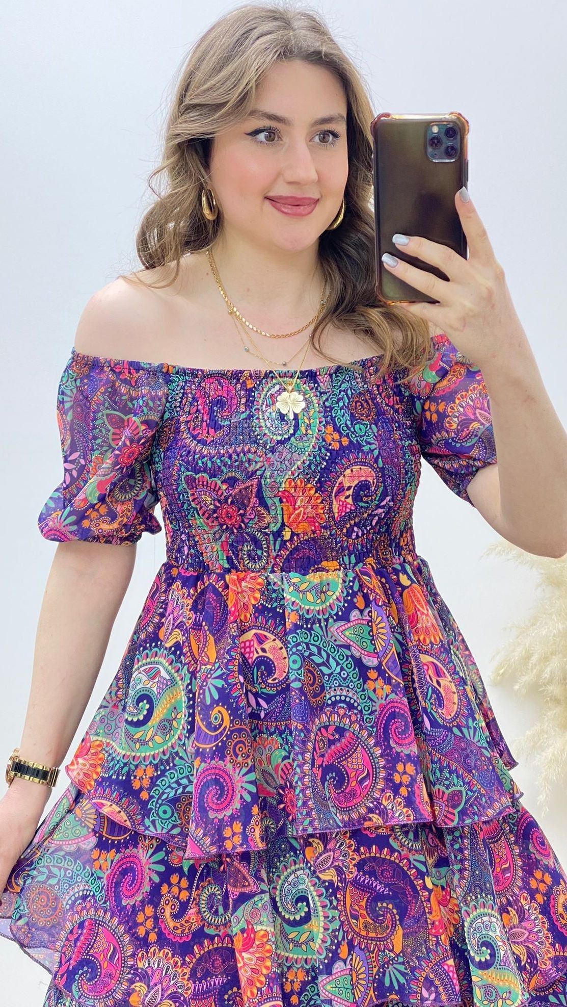 Katlı Şal Desen Şifon Elbise Mor