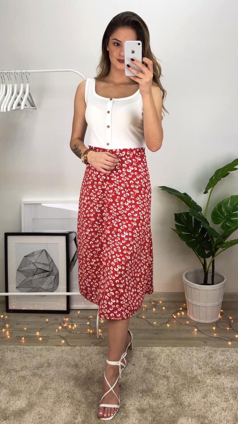 Önden Düğmeli Çiçekli Etek-Kırmızı