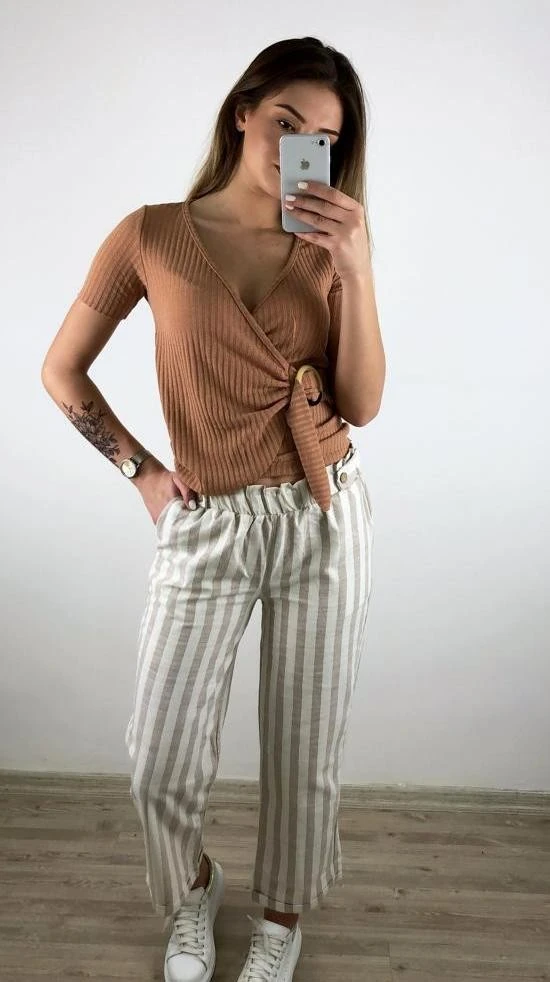 Kruvaze Tokalı Bluz-Kahve