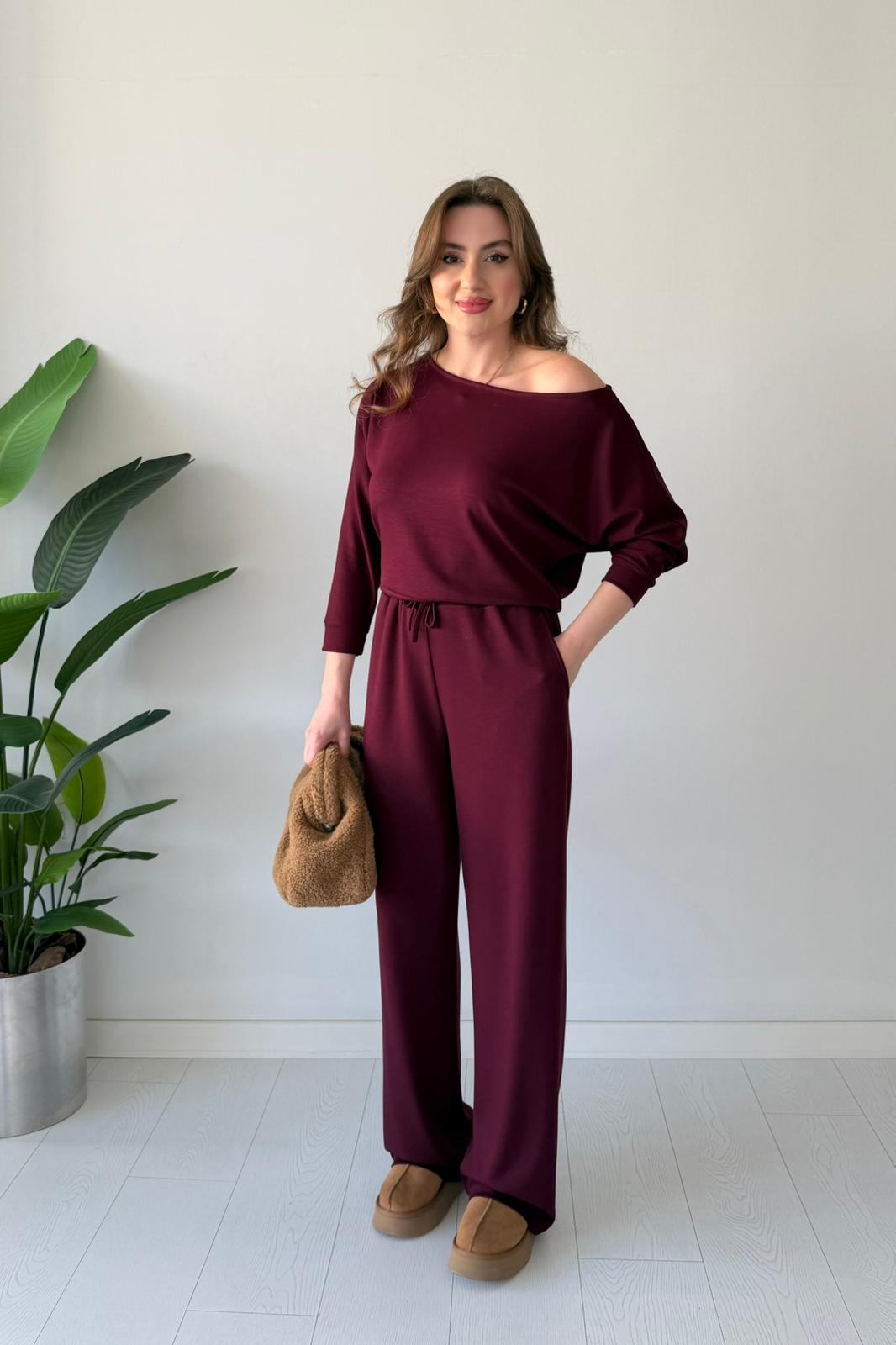 Kayık Yaka Modal Takım - Bordo