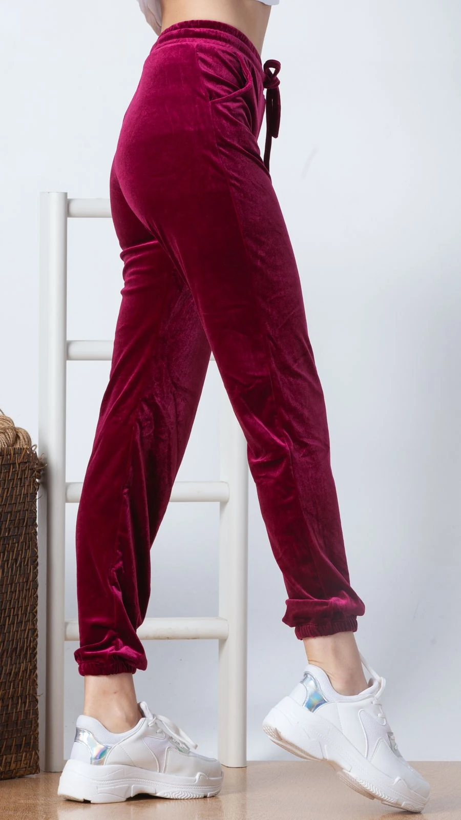 Kadife Lastikli Paça Pantolon-Bordo