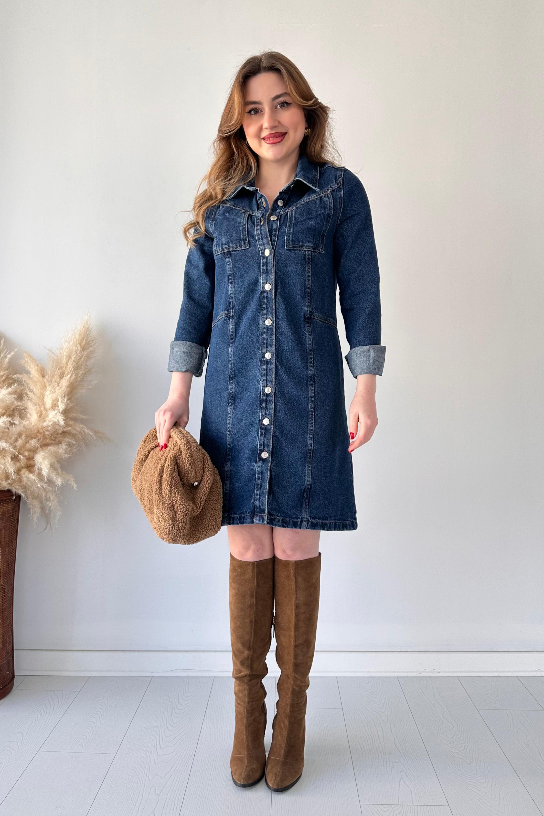 Cep Detay Denim Elbise