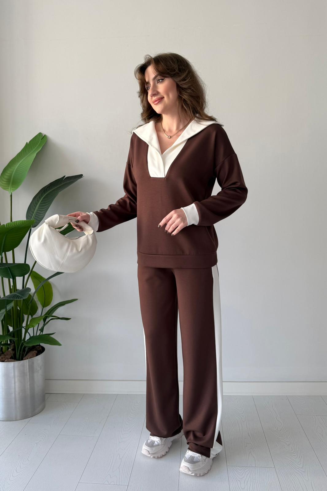 Şal Yaka İkili Takım - Kahve