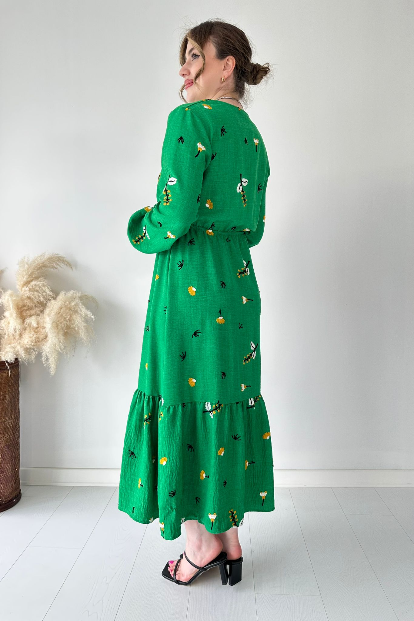 Nakışlı Bel Lastik Elbise Yeşil