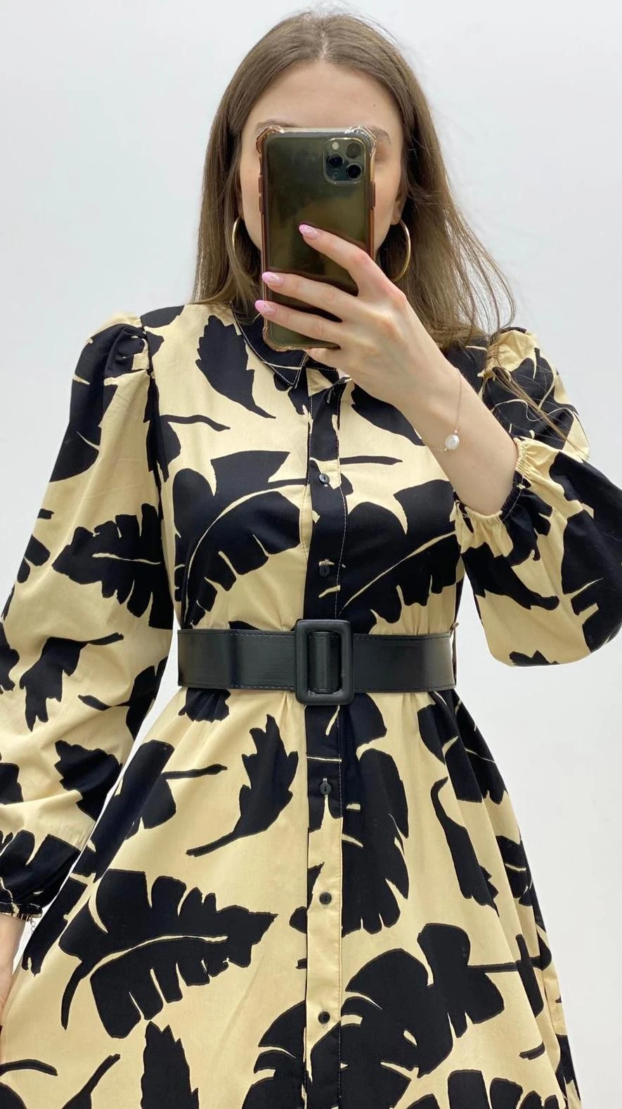 Yaprak Desenli Kemerli Poplin Elbise Siyah