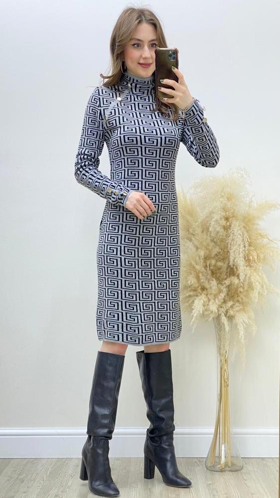 Düğmeli Geometrik Triko Elbise Gri