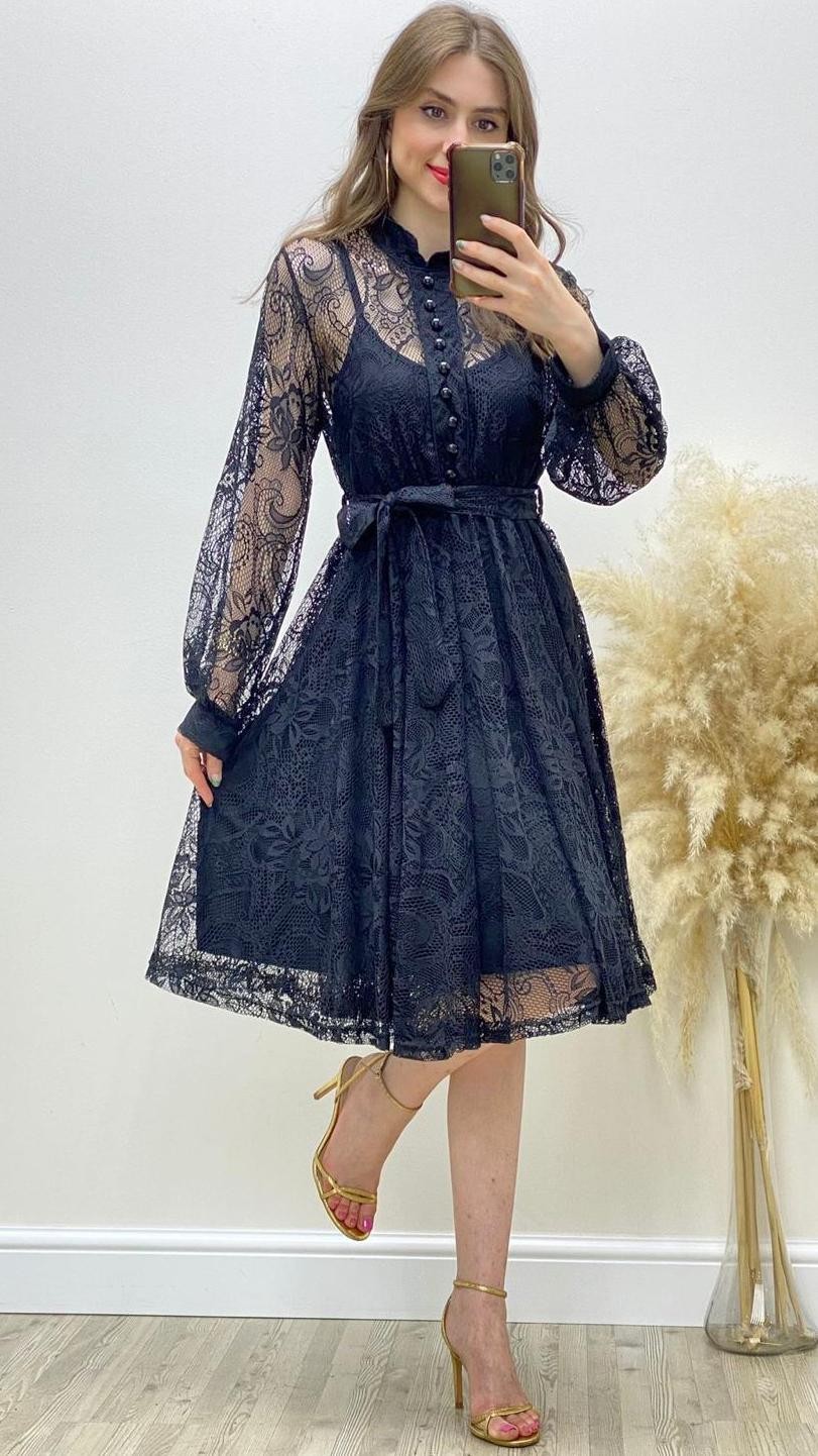 Dantelli Kloş Elbise Siyah