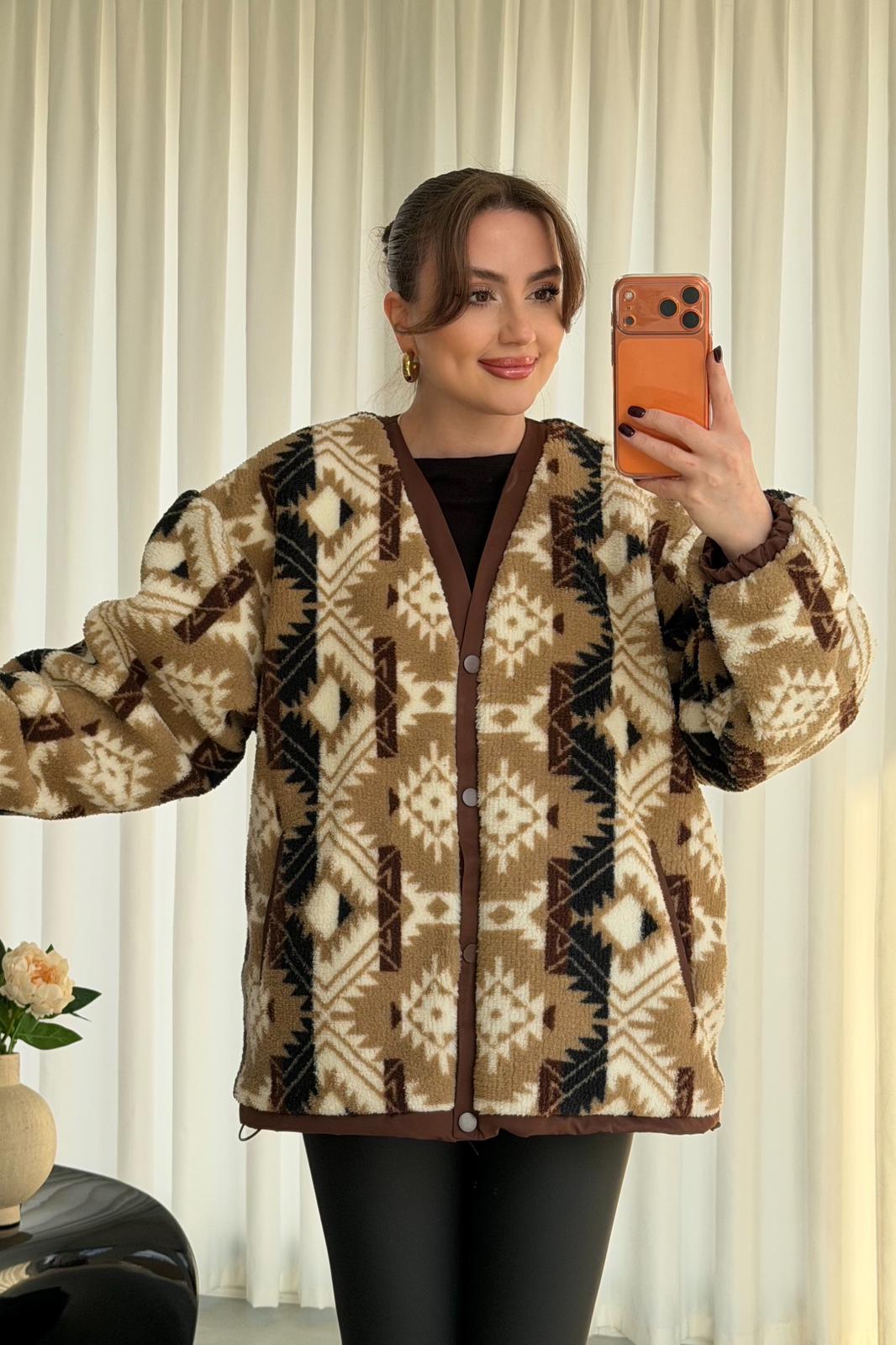 Etnik Desen Peluş Mont