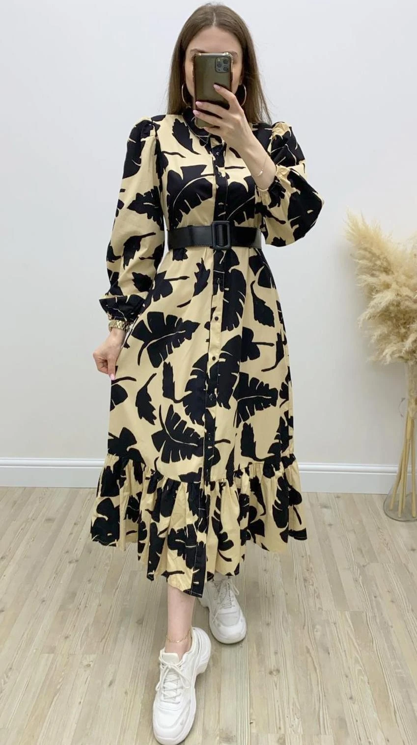 Yaprak Desenli Kemerli Poplin Elbise Siyah