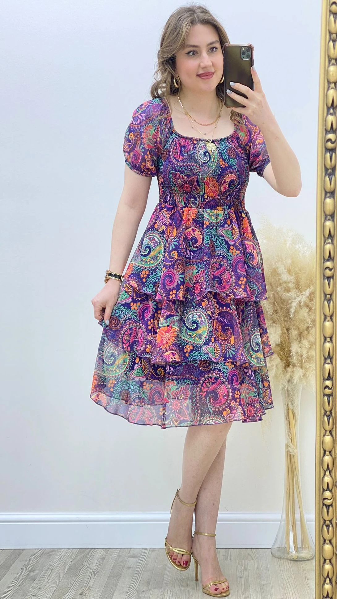 Katlı Şal Desen Şifon Elbise Mor