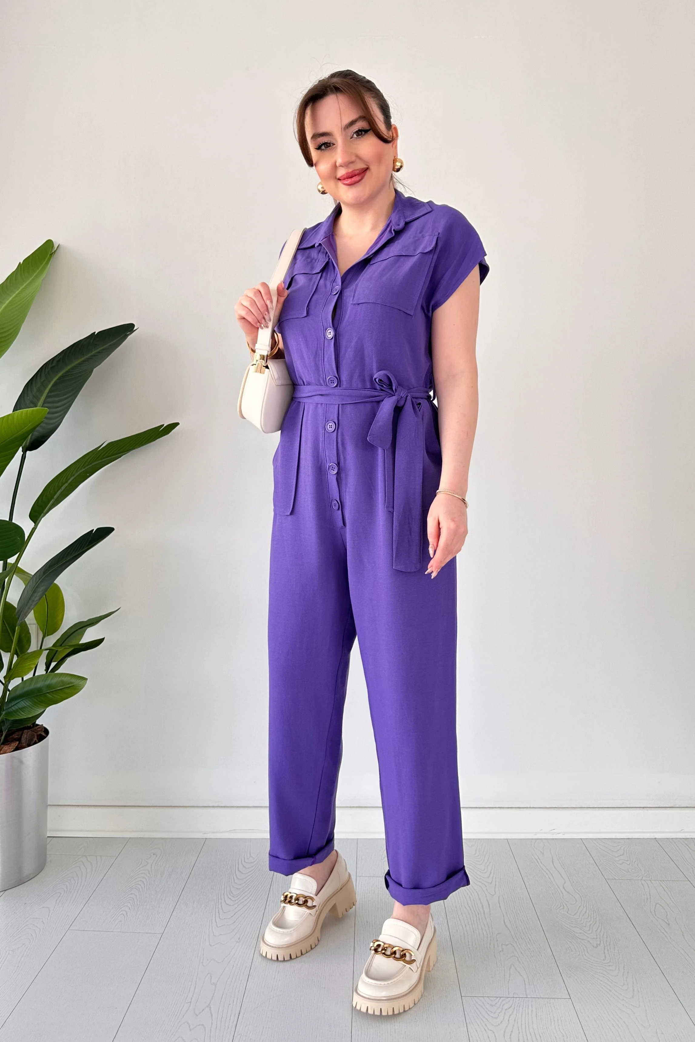 Düğmeli Keten Tulum