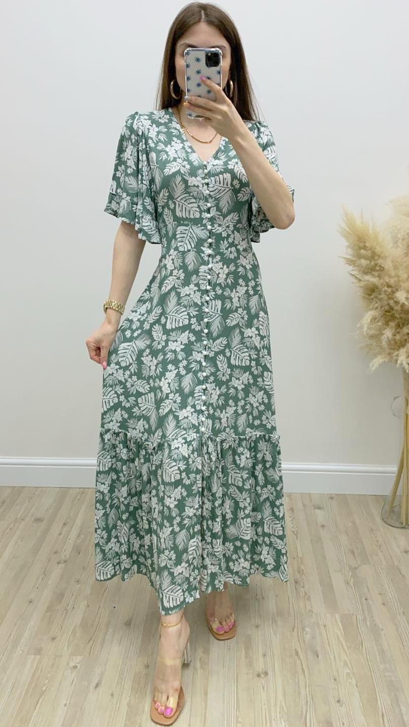 Düğmeli Devetabanı Desenli Viskon Elbise Yeşil