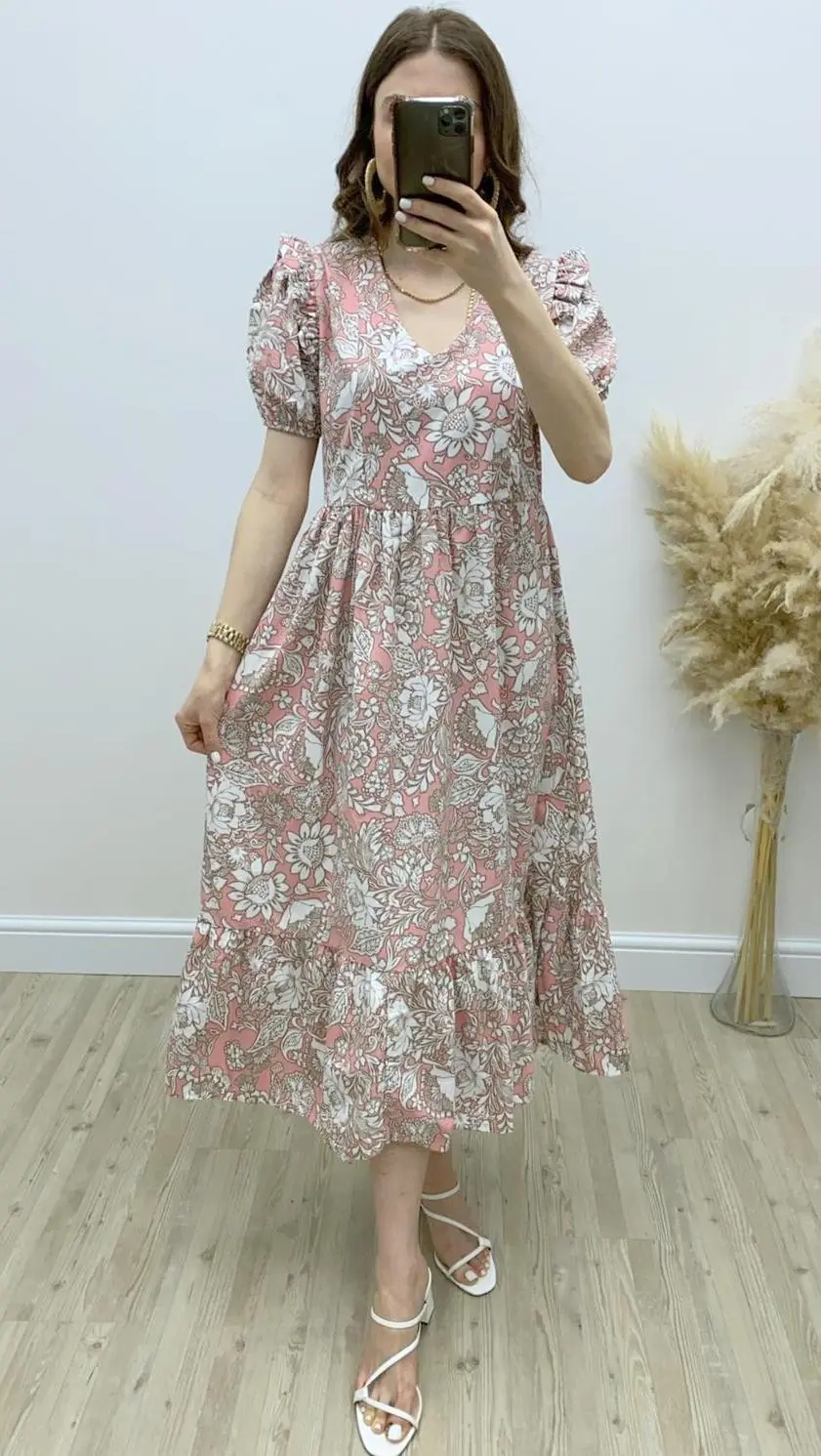 Ayçiçeği Desenli Poplin Elbise Pudra · 3