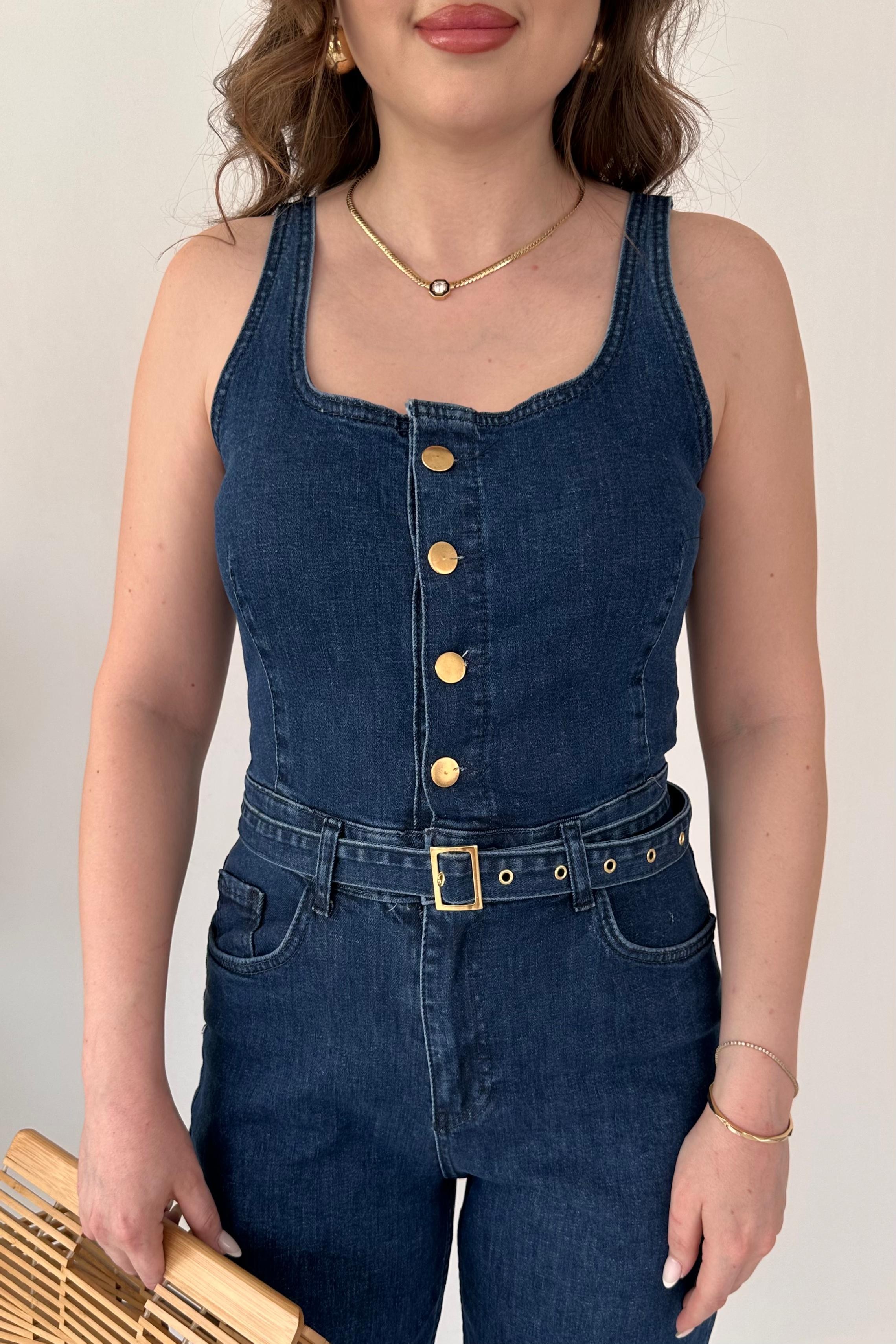 Askılı Flare Denim Tulum