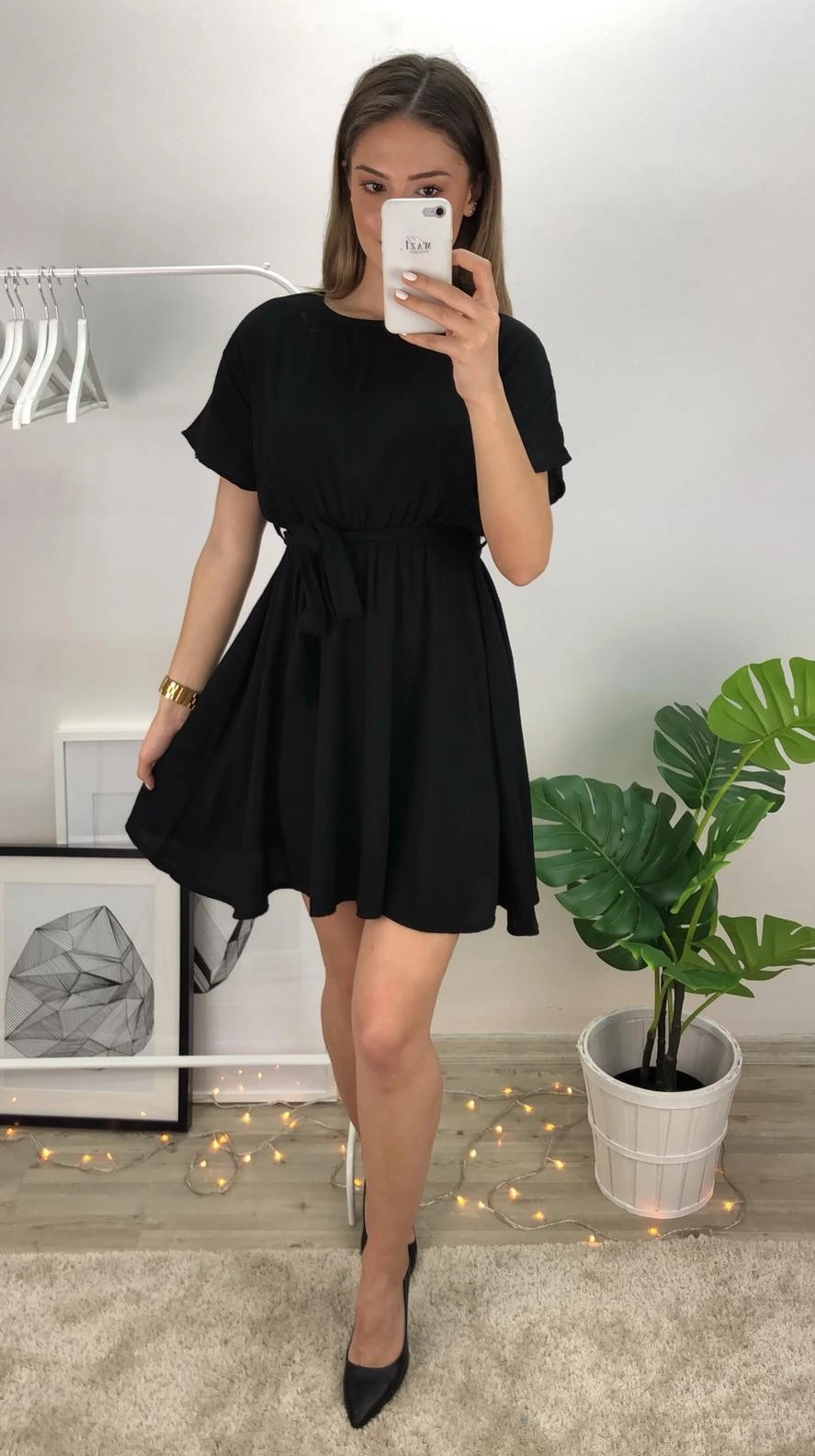 Bel Lastik Kısa Elbise-Siyah